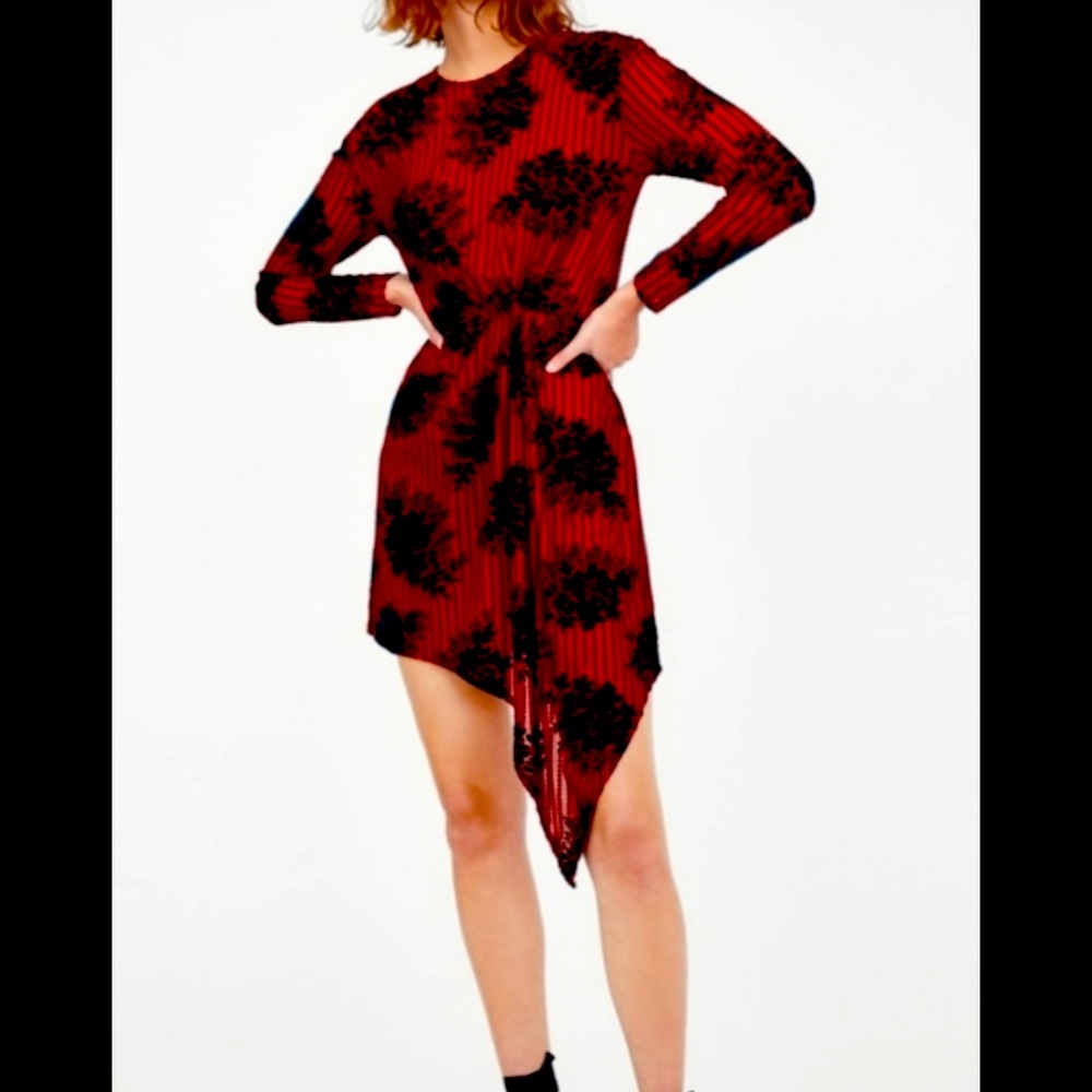 Red mini dress with green velvet detail